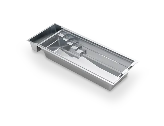 leisure-pools-silver-render-linear-30 3D view of The Linear™ with Cover 30, a straight-sided fiberglass pool with a long flat floor, entry steps and built-in cover compartment.