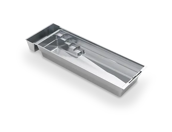 leisure-pools-silver-render-linear-33 The Linear™ with Cover 33 in an angled 3D model, with a submerged bench and stepped entry beside an unobstructed fiberglass swim corridor.