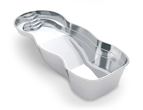 3D rendering of The Mediterranean™ 40, a freeform fiberglass pool with curved entry steps, wraparound seating and a sloping deep end.