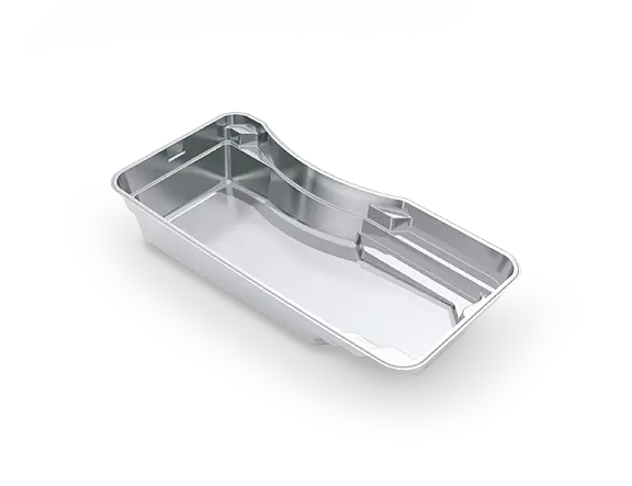 3D rendering of The Moroccan™ 27 fiberglass pool, with a curved side inset, recessed seating nook and open swimming area.