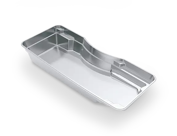 Angled 3D model of The Moroccan™ 34 fiberglass pool, with a curved central wall, spa seating nook and deep-end swim-out.