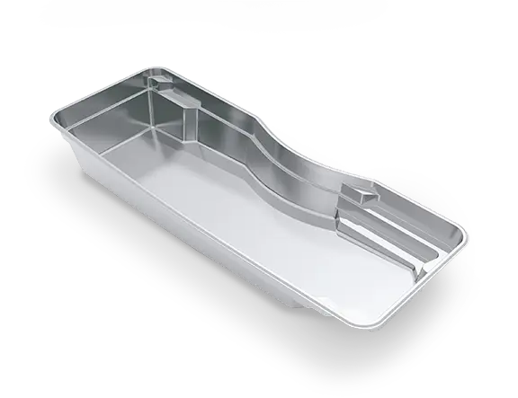 3D view of The Moroccan™ 38 fiberglass pool, showing a long swim channel bordered by a curved inset and seating in three corners.