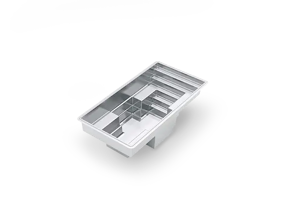 3D model of The Palladium Plunge™ 16, a compact rectangular fiberglass pool with wraparound bench seating, entry steps and a flat floor.
