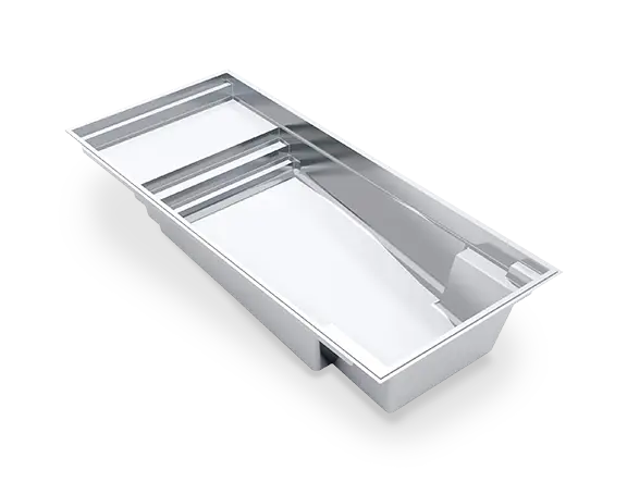 The Pinnacle™ 35 in 3D, with a wide shallow lounging deck and stepped entry leading into a rectangular fiberglass swimming area.