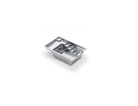 3D rendering of The Precision™ 16, a rectangular fiberglass pool with a shallow splash deck, generous entry steps and a flat floor.