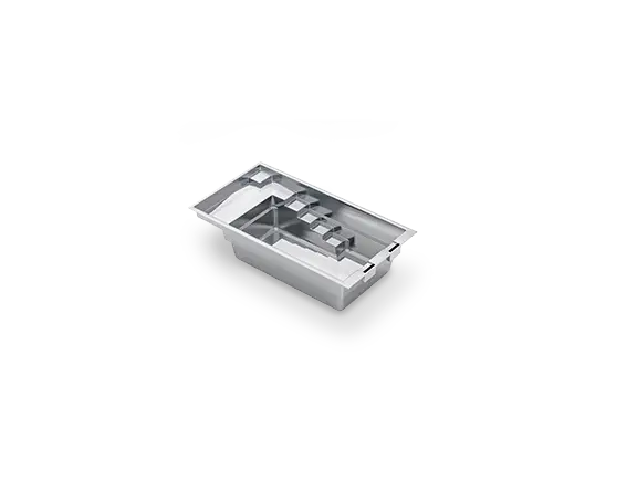 The Precision™ 20 in 3D, showing a broad shallow deck and stepped entry at one end of a straight-sided fiberglass swimming area.