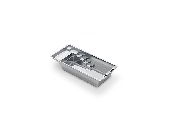 Angled 3D view of The Precision™ 23 fiberglass pool, with a flat-bottom swim area, integrated splash deck and wide entry steps.