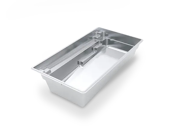 leisure-pools-silver-render-reflection-23 3D rendering of The Reflection™ 23, a rectangular fiberglass pool with a full-length bench, entry steps and an open swim channel.