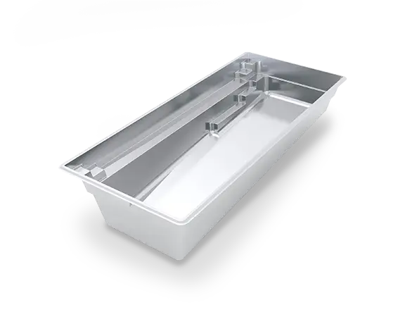 leisure-pools-silver-render-reflection-30 Angled rendering of The Reflection™ 30 rectangular fiberglass pool, with entry steps, full-length seating and a sloping floor.