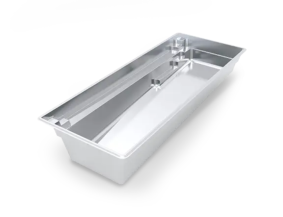 leisure-pools-silver-render-reflection-33 3D model of The Reflection™ 33 fiberglass pool, showing its straight swim corridor, built-in side bench and stepped entry.