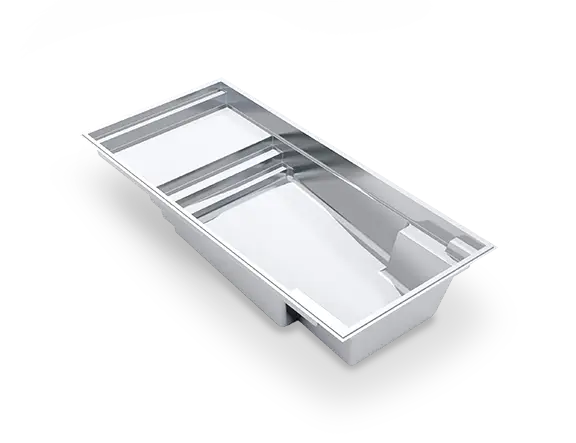 3D view of The Summit™ 30, a narrow rectangular fiberglass pool with a full-width splash deck, entry steps and swim-out benches.