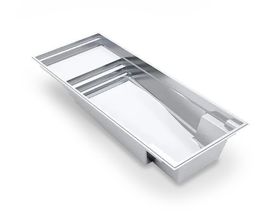 The Summit™ 35 fiberglass pool rendered at an angle, showing a full-width shallow deck and swim-out seating around an open swim area.